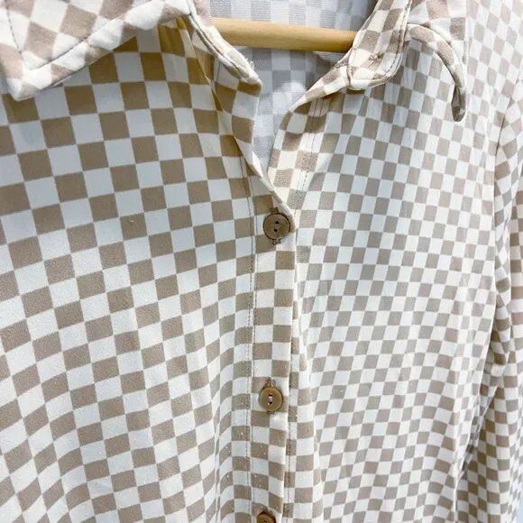 Abercrombie & Fitch Tan & White Checkered Collared Long Sleeve Button-up Top S - Picture 6 of 10